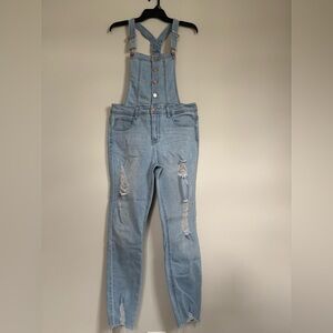 Guess Light Wash Skinny Distressed Denim Overalls w/ Rose Gold Buttons Size 31